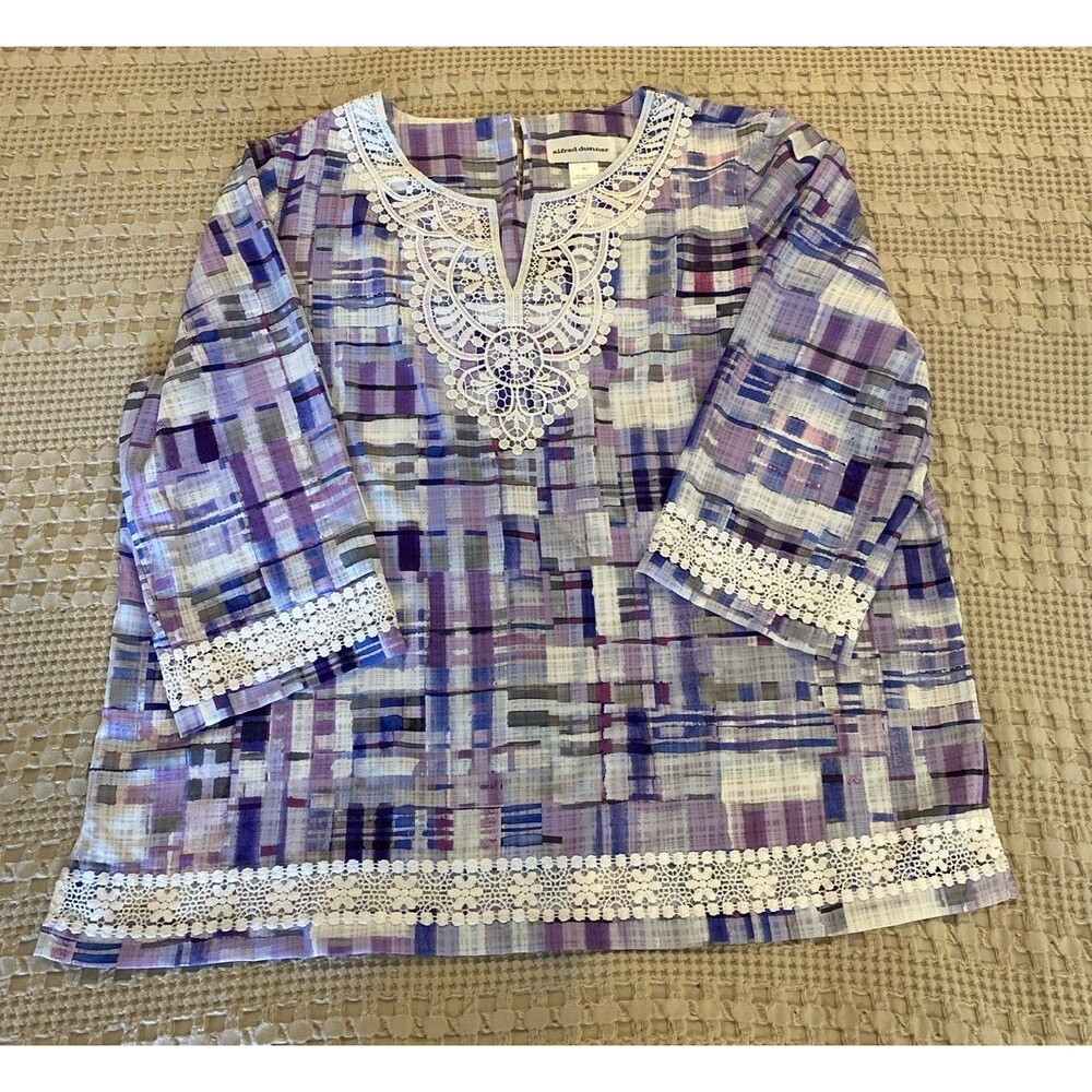 Alfred Dunner‎ Blouse size XL Lace Neckline Purple Plaid Oversized Loose Fitting